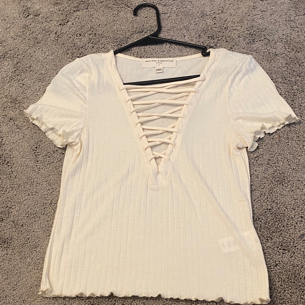 Urban Outfitters Cream Lace-Up Ribbed Tee